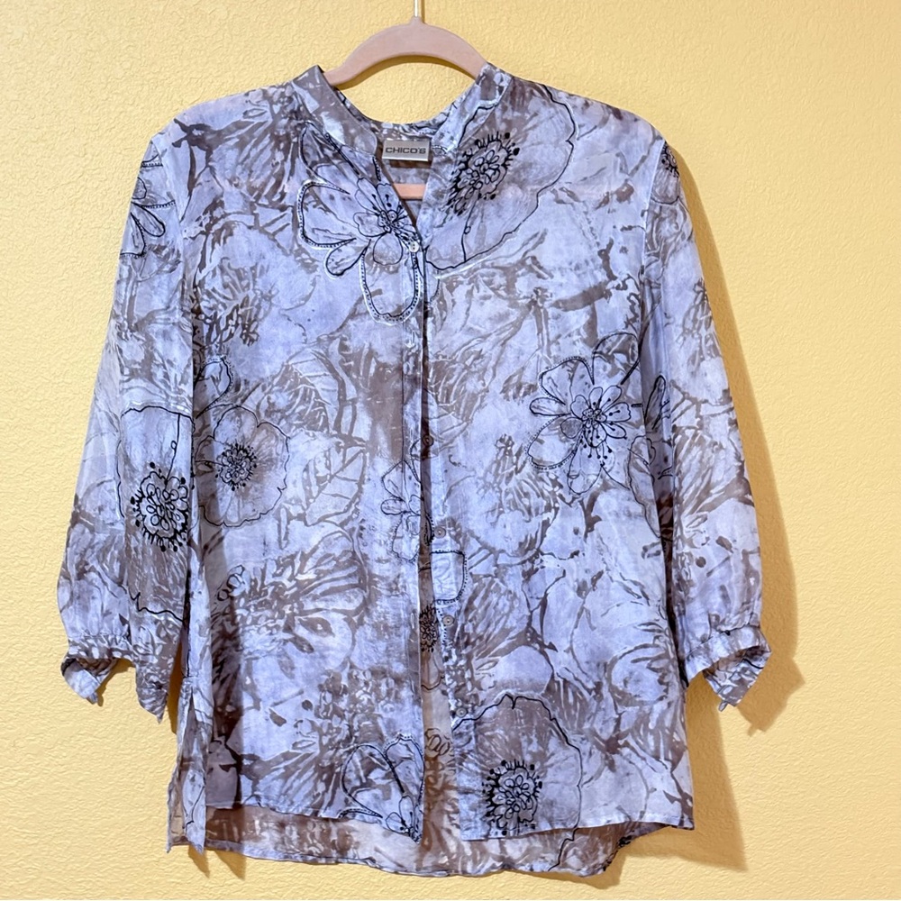 Chico’s 100% Silk Blouse Top Hand-Painted Floral Silver Accents Size 1